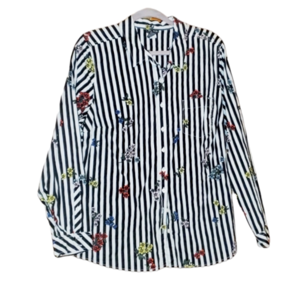 torrid Black and White Striped Button-Down Shirt with Multicolor Floral Accents
